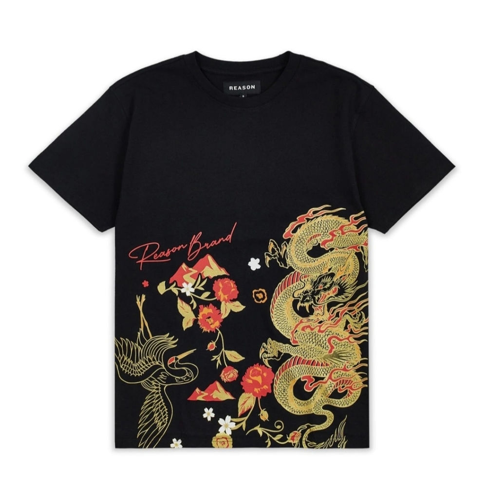Reason Brand Osaka Black Graphic Tee Dragon Floral Art Size Medium NWT G-2877